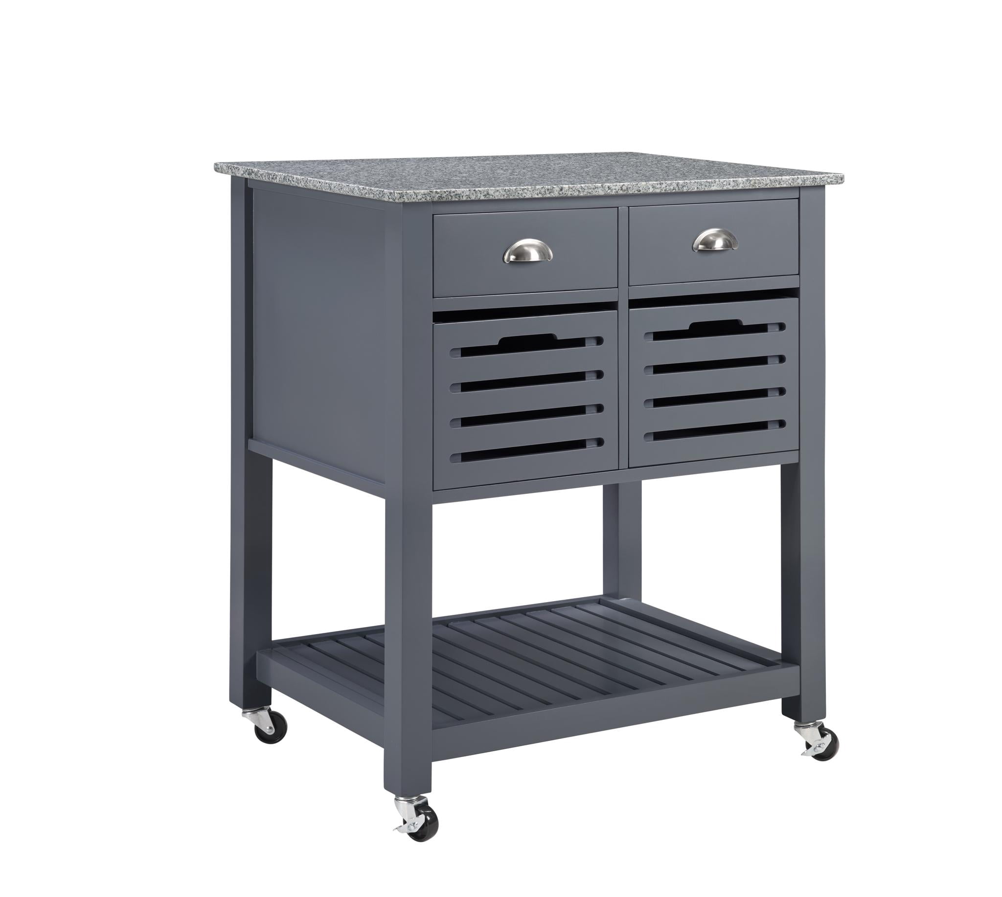 Rolling Kitchen Island Serving Cart with Underneath Drawer & Slide-Out Wire Storage Basket