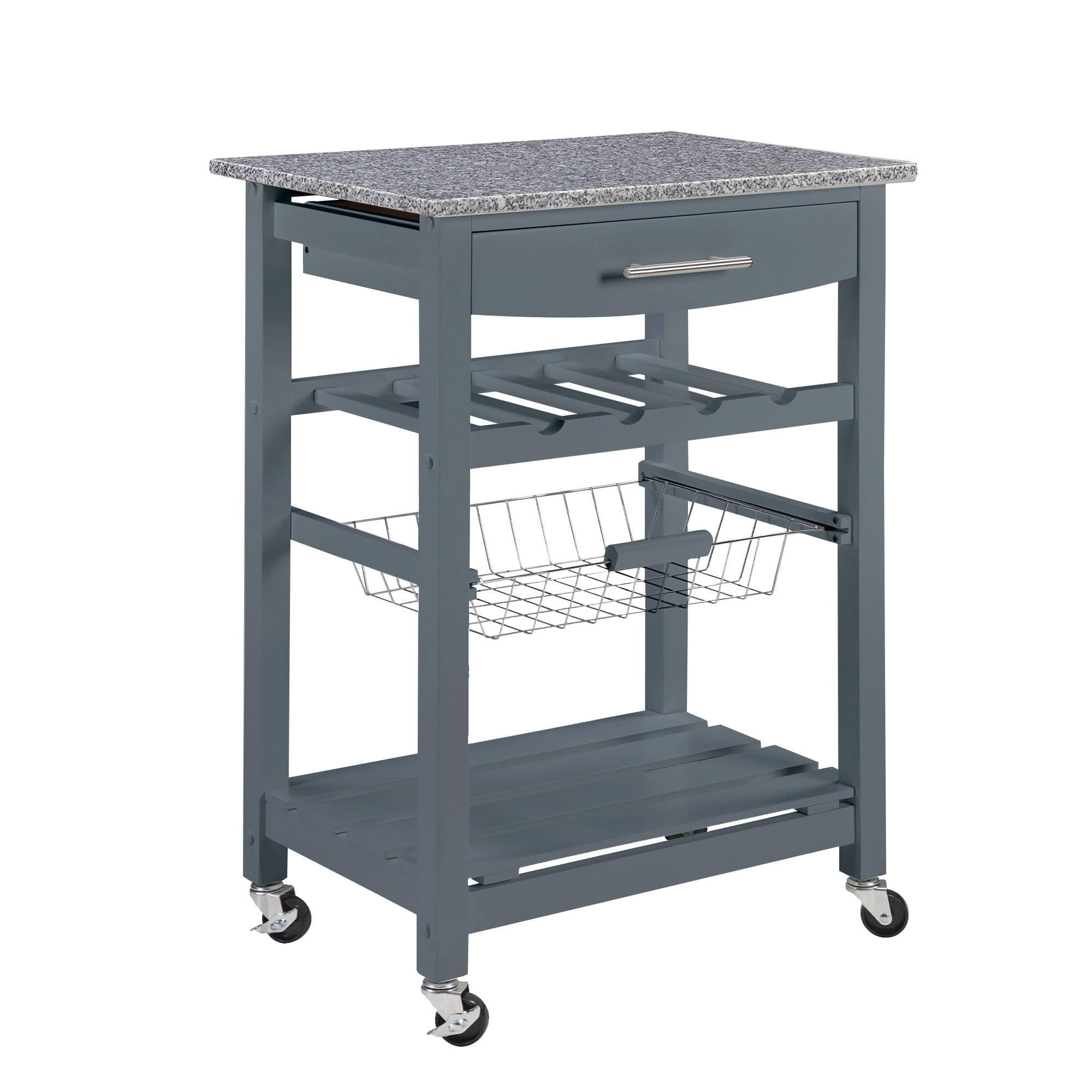 Rolling Kitchen Island Serving Cart with Underneath Drawer & Slide-Out Wire Storage Basket