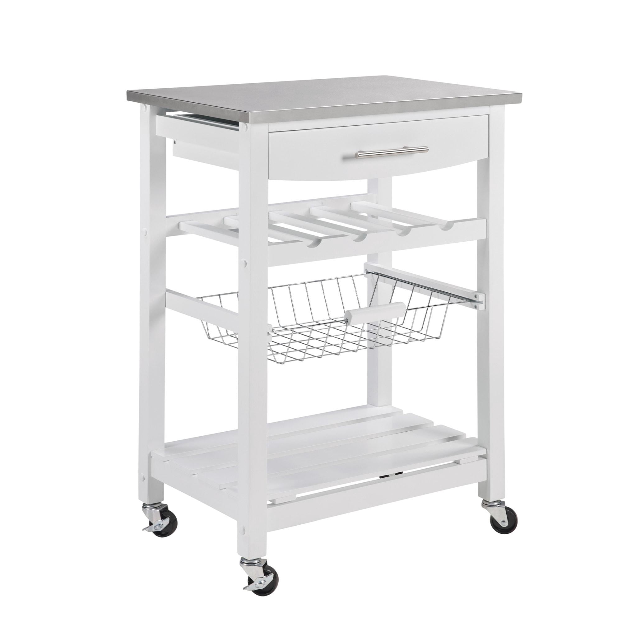 Rolling Kitchen Island Serving Cart with Underneath Drawer & Slide-Out Wire Storage Basket