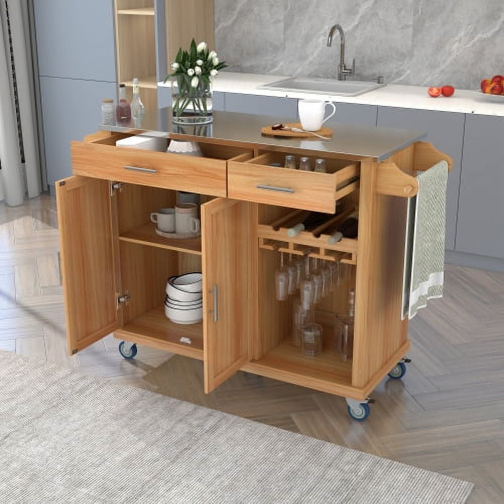 Rolling Kitchen Island with Storage On Wheels,Kitchen Cart with Stainless Steel Top,Kitchen