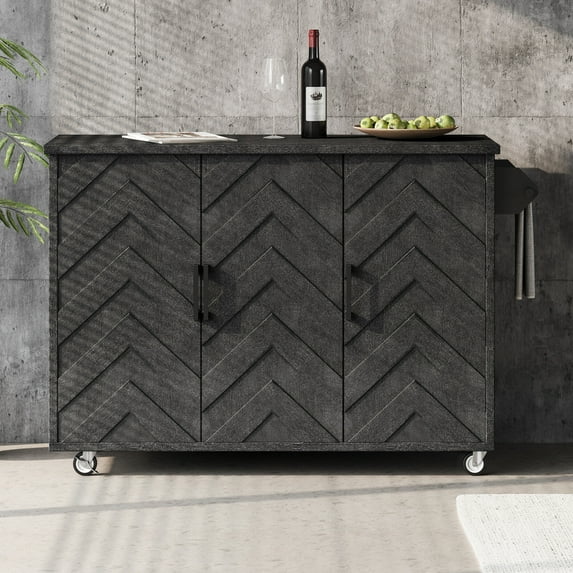 Rolling Kitchen Island Table with Drop-Leaf, Mobile Kitchen Cart on Wheels with Storage Cabinet, 3-Level Adjustable Shelves, Towel Rack and Spice Rack, Black