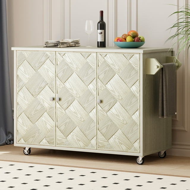 Rolling Kitchen Island Table with Drop-Leaf, Mobile Kitchen Cart on Wheels with Storage Cabinet, 3-Level Adjustable Shelves, Towel Rack and Spice Rack, Champagne