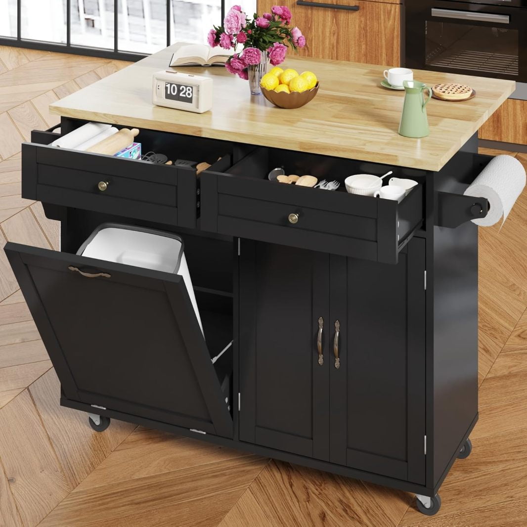 Rolling Kitchen Island Table on Wheels with Drop Leaf,Kitchen Island Cart W/Trash Storage ...