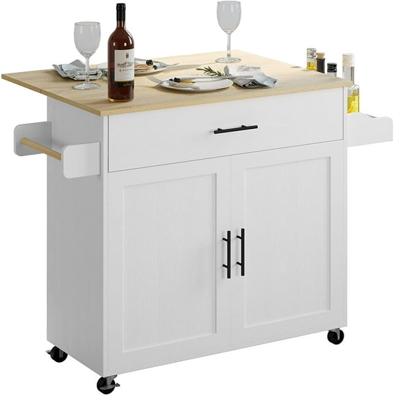 Rolling Kitchen Island Table on Wheels with Drop Leaf, Storage Cabinet, Drawer, Spice/Towel Rack, Kitchen Cart, 47.25" Wide White