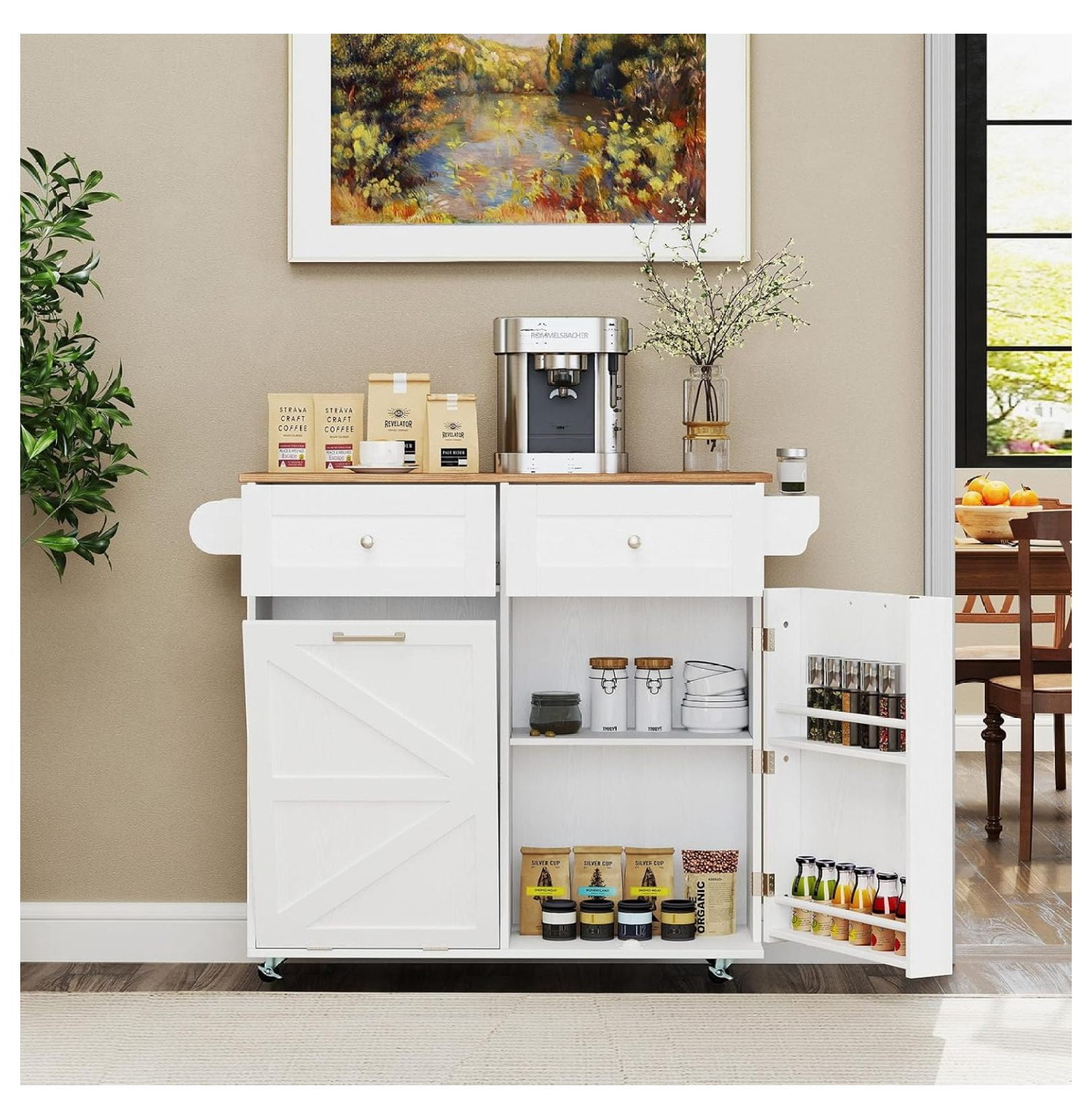 Rolling Kitchen Island with Trash Can Storage Cabinet, Drop Leaf ...
