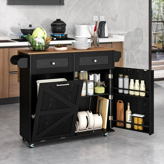 SILKYDRY Rolling Kitchen Island with Trash Can Storage Cabinet, Drop Leaf Breakfast Bar Table, Towel Holder, 2 Drawers & Door Racks, 4 Rubber Wheels, Wood Island Table for Kitchen (Black)