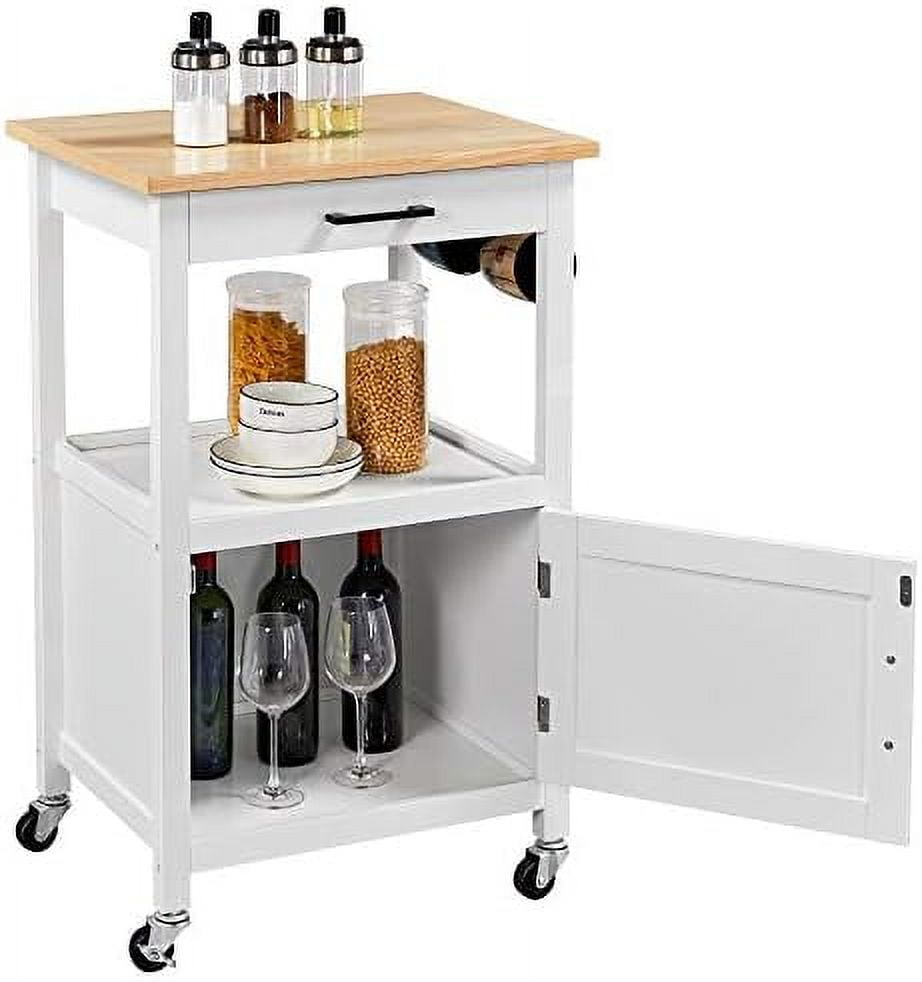 Rolling Kitchen Island Utility Cart on Wheels with Wood Top Drawer and Side Hooks for Dining