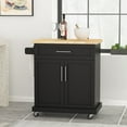 thumbnail image 1 of Rolling Kitchen Island on Wheels, Kitchen Island Cart with Towel Rack, Long Drawer and Two-Door Cabinet, Portable Kitchen Island Table with Wood Tabletop, Black, 1 of 7