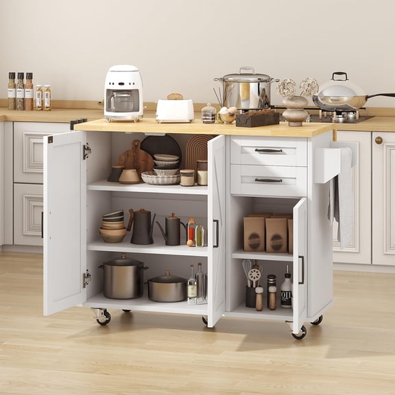 Rolling Kitchen Island On Wheels, Kitchen Island Cart with Drop Leaf Countertop, Barn Door Island Table with Storage Cabinet and 2 Drawer, 5 Wheels, Towel Rack and Spice Rack, White