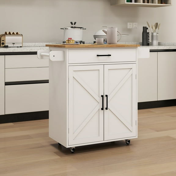 Rolling Kitchen Island With Construction, Adjustable Shelves, Towel & Seasoning - White Rack, And Rack Construction