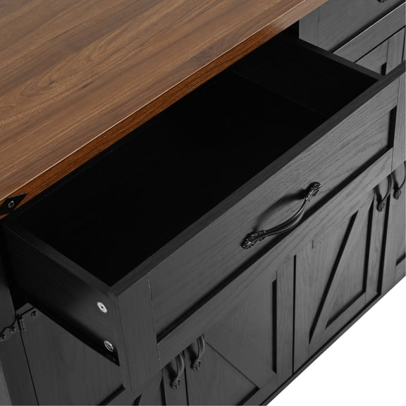 Rolling Kitchen Island With Power Outlet, Drop Leaf, Spice Rack, Drawer, 53.5''w X 28.32''d 36.5''h, Black Style Cart, 36.5''h For Use