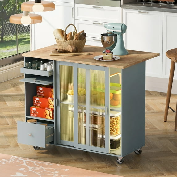 Rolling Kitchen Island With Storage Drawer Adjustable Shelf Sliding Glass Door Cabinet With LED Light For Kitchen