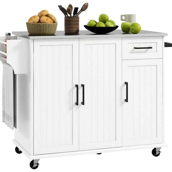 Rolling Kitchen Island With Storage Shelves - White, Stainless Steel Counter, Drawer, 3 Cabinets, Spice Rack, Towel Rack Portable Unit Countertop,