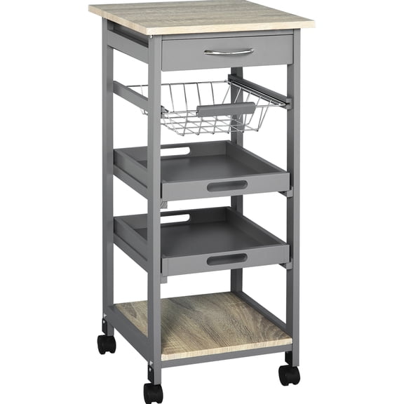 Rolling Kitchen Island With Underneath Drawer, Wire Basket & Trays, Grey Trolley Gray