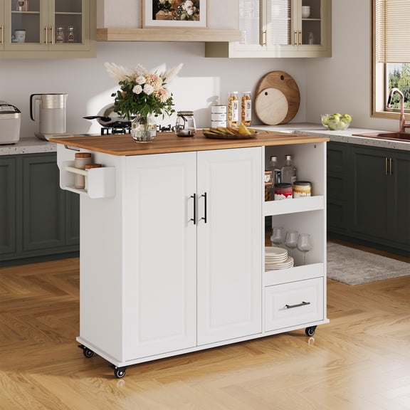 Rolling Kitchen Island on Wheels 48'' Mobile Cart with Drop Leaf Butcher Block with Open White