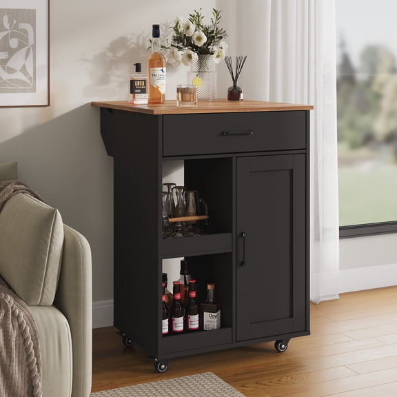 Rolling Kitchen Island with Drop Leaf – 2 Open Shelves, 1 Drawer, Storage Cart on Wheels for Kitchen, Dining Room, Space-Saving