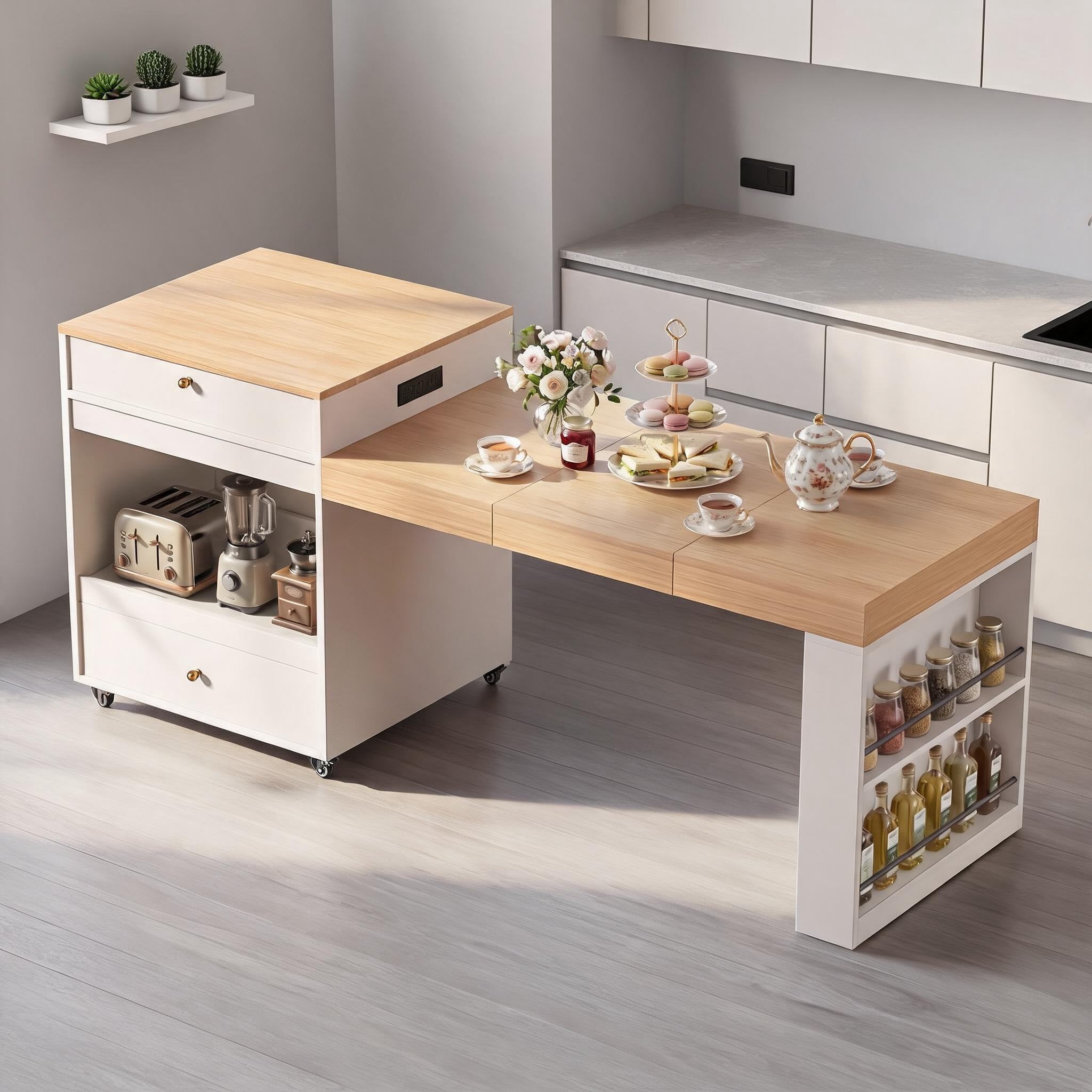 Rolling Kitchen Island with Extendable Dining Table, Clean White MDF ...
