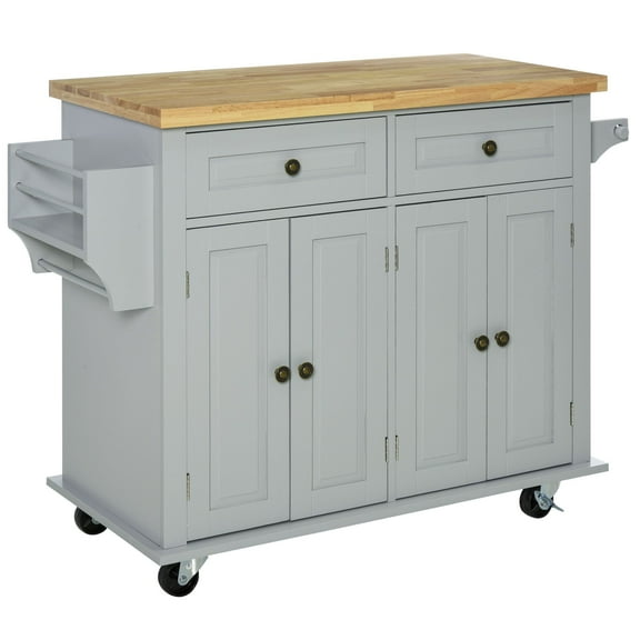Rolling Kitchen Island with Rubberwood Top, Spice Rack, Towel Rack & Drawers, Dining Room, Grey