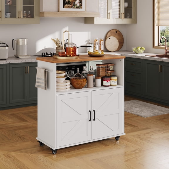 Rolling Kitchen Island with Storage Cabinet, 40.4'' Width Cart, Portable Mobile Kitchen Island with Towel Rack, Wood Top and Lockable Wheels