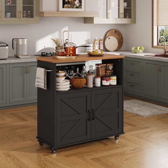 Rolling Kitchen Island with Storage Cabinet, 40.4'' Width Cart, Portable Mobile Kitchen Island with Towel Rack, Wood Top and Lockable Wheels