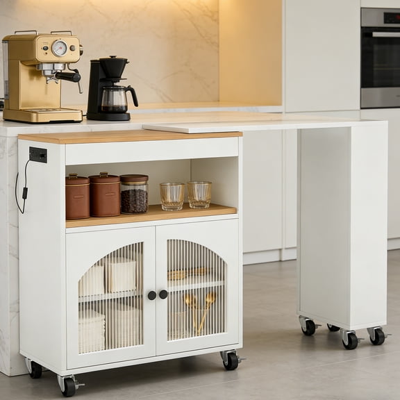 Rolling Kitchen Island with Storage, LED Light, USB Ports, Extended Table, & Glass Doors for Storage, Crafted from Premium MDF