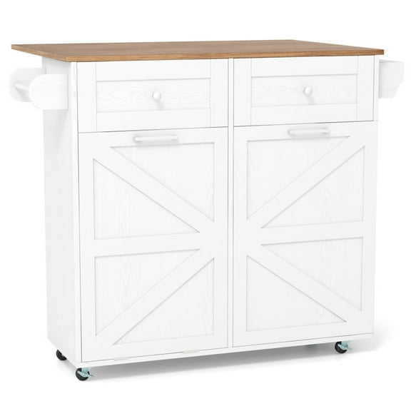 Rolling Kitchen Island with Trash Can Cabinet and Rubber Universal Wheels