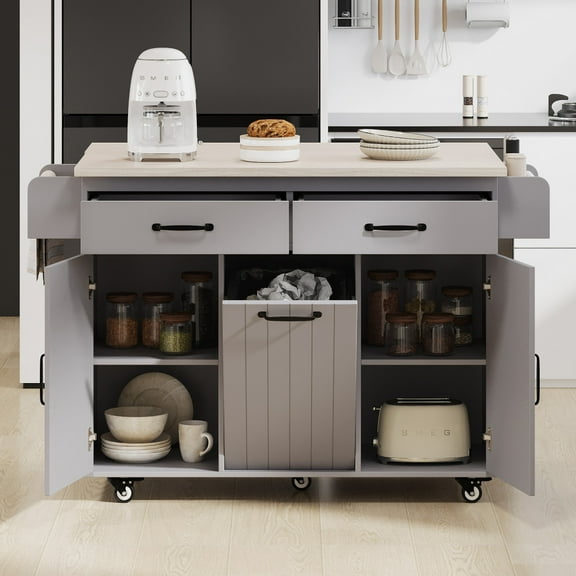 Rolling Kitchen Island with Trash Can Storage Cabinet,Mobile Kitchen Cart with Drop Leaf, Adjustable Spice Rack, Towel Rack and Drawer, Grey