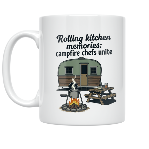 Rolling Kitchen Memories Campfire Chefs Unite - Camping Trailer Enthusiast - 11 oz Ceramic Coffee Mug