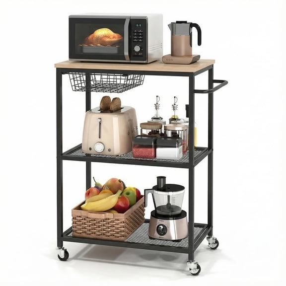Rolling Kitchen Microwave Cart, 3 Tier Kitchen Utility Cart on Wheels with Handle & Storage Basket, Coffee Bar Table Station for Living Room Office