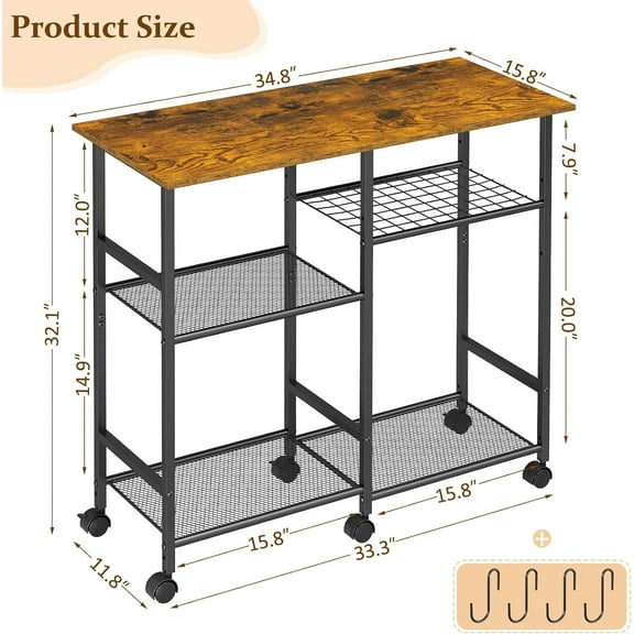 Rolling Kitchen Microwave Cart, 3-Tier Microwave Stand with Adjustable Shelf, Kitchen Storage Cart on Lockable Wheels, Coffee Bar Baker's Rack Organizer Shelf for Living Room, Office, Balcony