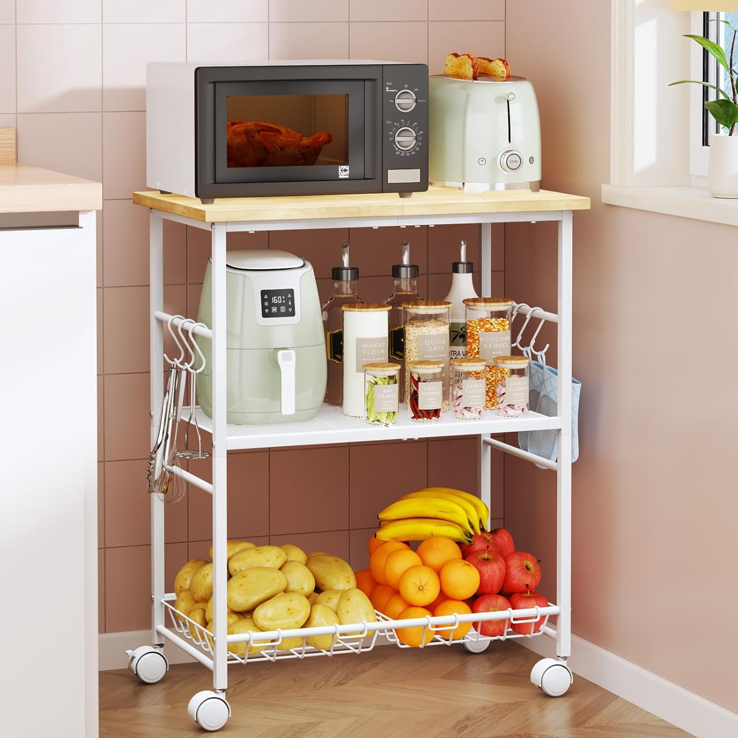Rolling Kitchen Microwave Cart - 3 Tier Microwave Table Stand with ...
