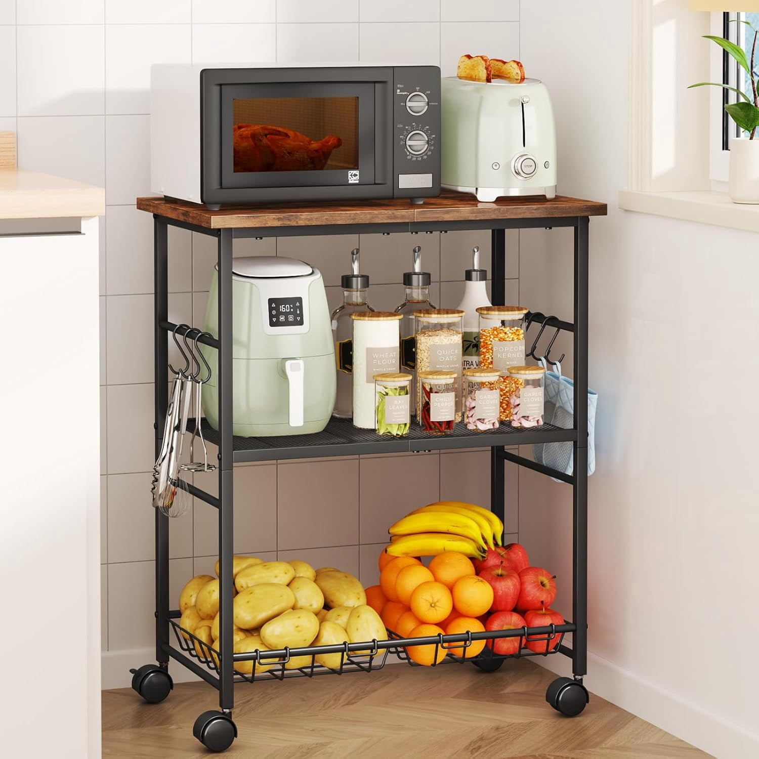 Rolling Kitchen Microwave Cart - 3 Tier Microwave Table Stand with ...