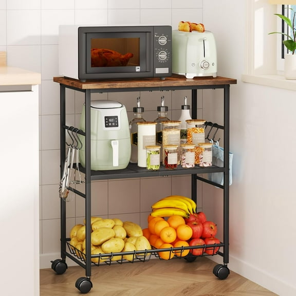 Rolling Kitchen Microwave Cart - 3 Tier Table Stand with Storage Basket and Hooks, Utility on Wheels, Coffee Shelf Rack Organizer for Living Room Office, Balcony