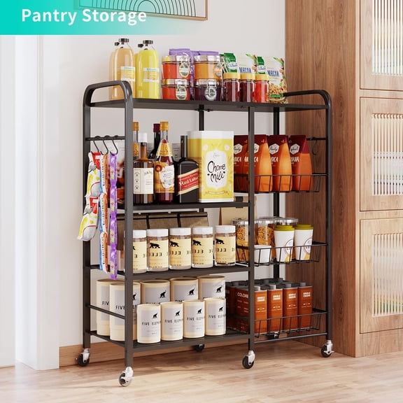 Rolling Kitchen Microwave Cart - 4 Tier Microwave Table Stand with Pull-Out Baskets, Coffee Bar Baker's Rack with Wheels Rolling Storage Cart Organizer Shelf for Living Room Office, Balcony