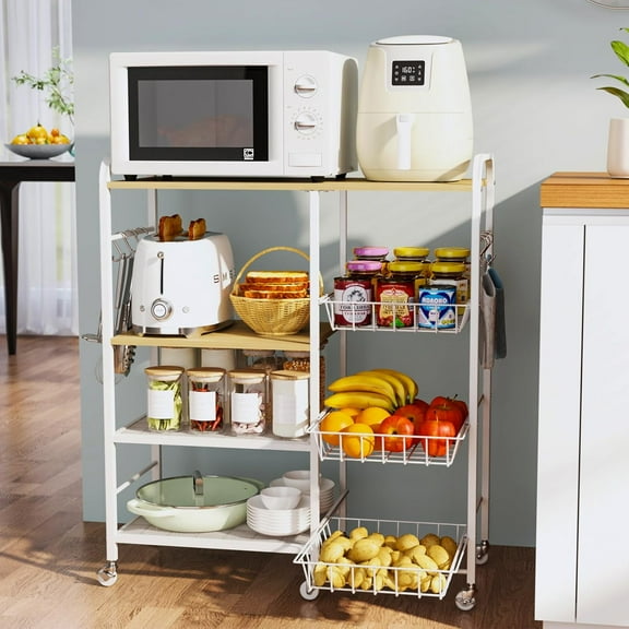 Rolling Kitchen Microwave Cart - 4 Tier Microwave Table Stand with Pull-Out Baskets, Coffee Bar Baker's Rack with Wheels Rolling Storage Cart Organizer Shelf for Living Room Office, Balcony