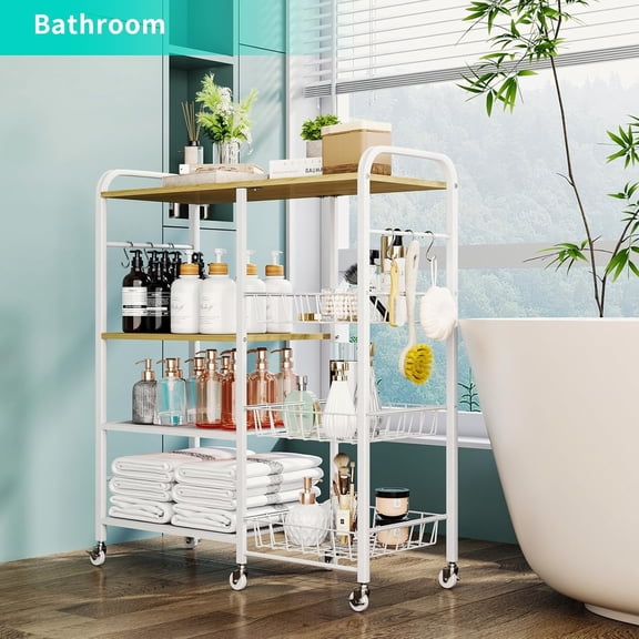 Rolling Kitchen Microwave Cart - 4 Tier Microwave Table Stand with Pull-Out Baskets, Coffee Bar Baker's Rack with Wheels Rolling Storage Cart Organizer Shelf for Living Room Office, Balcony