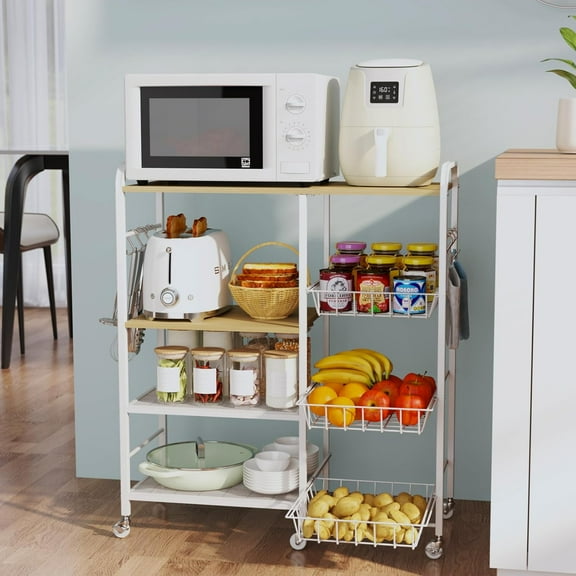 Rolling Kitchen Microwave Cart - 4 Tier Microwave Table Stand with Pull-Out Baskets, Coffee Bar Baker's Rack with Wheels Rolling Storage Cart Organizer Shelf for Living Room Office, Balcony