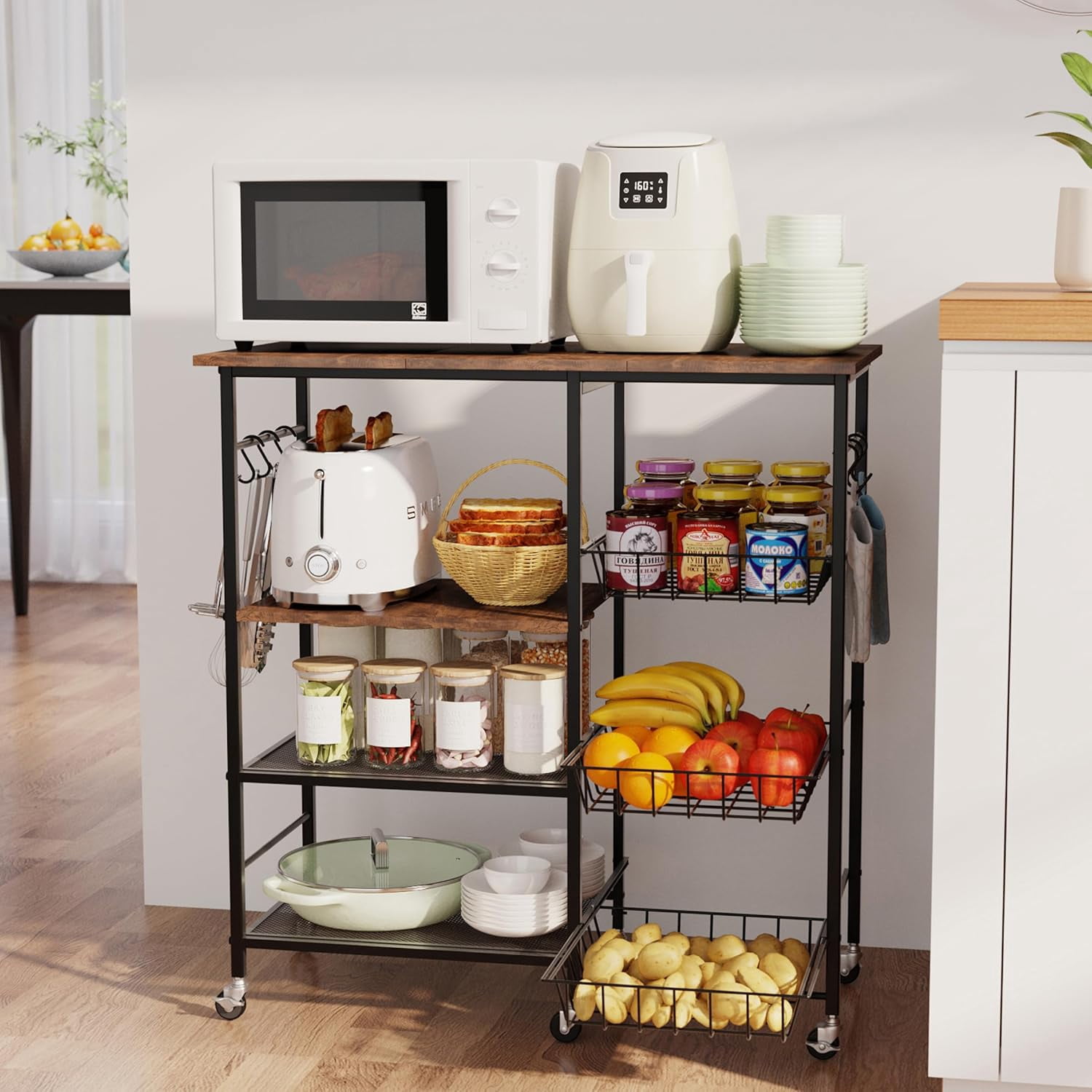 Rolling Kitchen Microwave Cart - 4 Tier Microwave Table Stand with Pull ...
