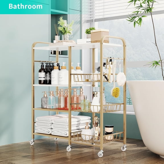 Rolling Kitchen Microwave Cart - 4 Tier Microwave Table Stand with Pull-Out Baskets, Coffee Bar Baker's Rack with Wheels Rolling Storage Cart Organizer Shelf for Living Room Office, Balcony