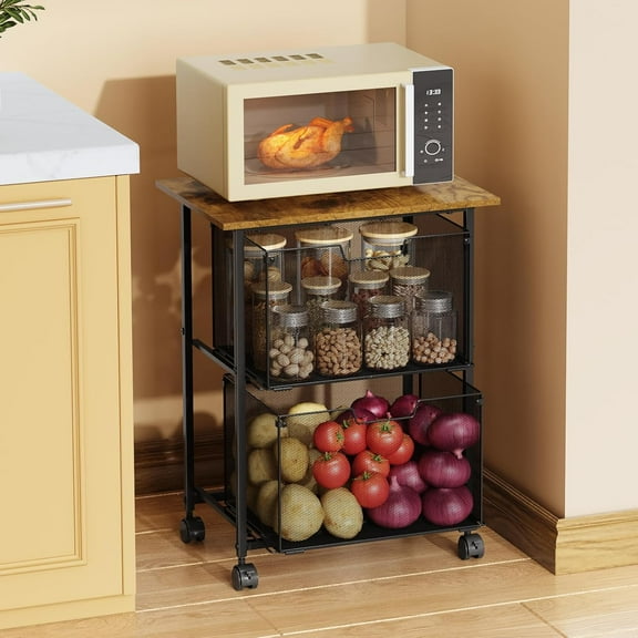 Rolling Kitchen Microwave Cart with Pull-Out Baskets, Kitchen Storage Rack 3-Tier Small Coffee Bar Station Microwave Stand Kitchen Island Cart on Wheels for Fruit Potato Onion Drink Bread Spice