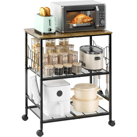 Rolling Kitchen Microwave Cart with Wheels, 3 Tier Microwave Storage Cart with Adjustable Shelves, Coffee Table, Utility Cart for Kitchen, Living Room, Office, Laundry Room