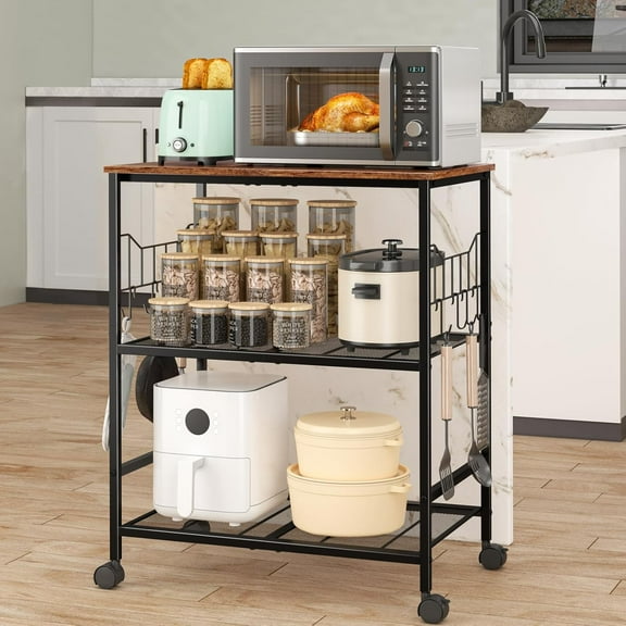 Rolling Kitchen Microwave Cart with Wheels, 3 Tier Storage Utility Cart for Coffee Table and Office