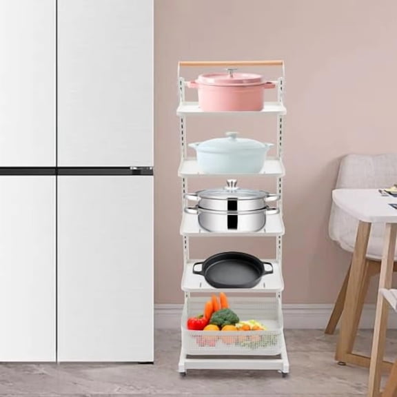 Rolling Kitchen Pot Organizer Storage Rack Modern 5-Tier Kitchen Island Cart with Lockable Wheels Multifunctional Metal Utility Storage Racks Shelf with Wood Handle for Home Kitche