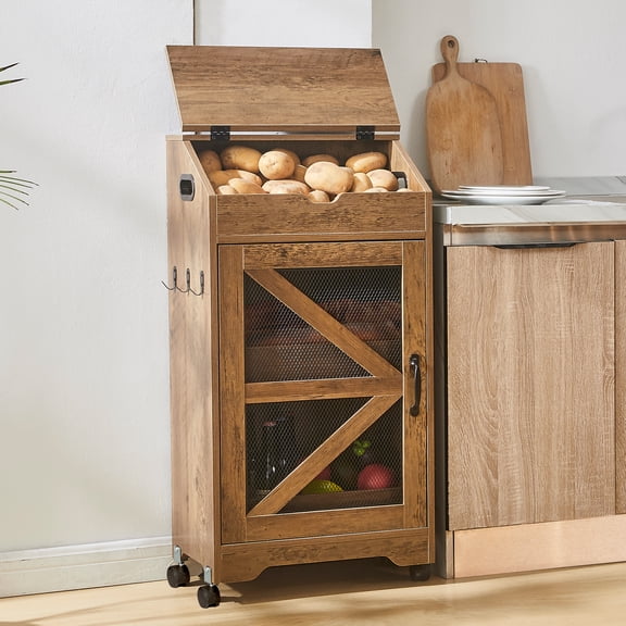 WARAYZ 3-Tier Rolling Kitchen Cabinet with Ventilated Top Bin, Large Potato & Vegetable Storage Rack, Mobile Pantry Organizer with Hooks & Door
