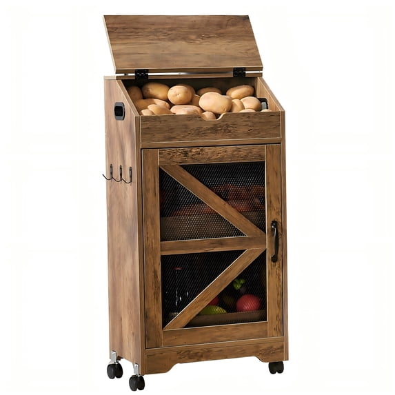 WARAYZ 3-Tier Rolling Kitchen Cabinet with Ventilated Top Bin, Large Potato & Vegetable Storage Rack, Mobile Pantry Organizer with Hooks & Door