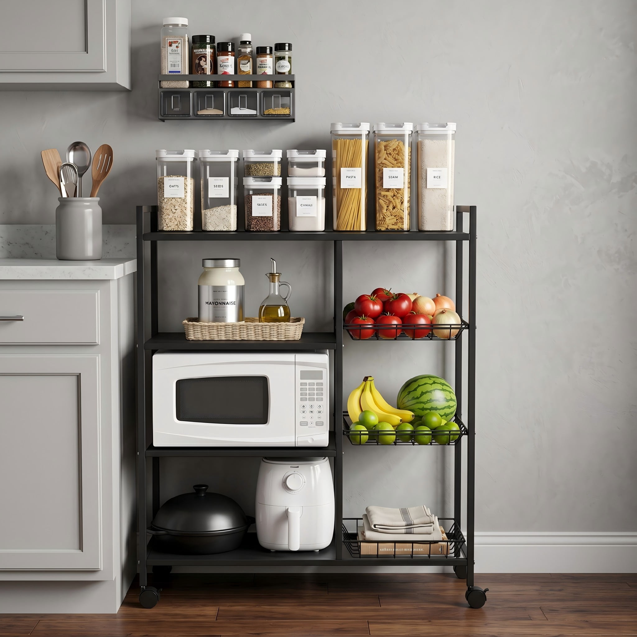 Rolling Kitchen Storage Cart with Shelves and Baskets, Mobile Pantry Organizer for Kitchen, Coffee Station and Small Spaces, Multiple Styles Available