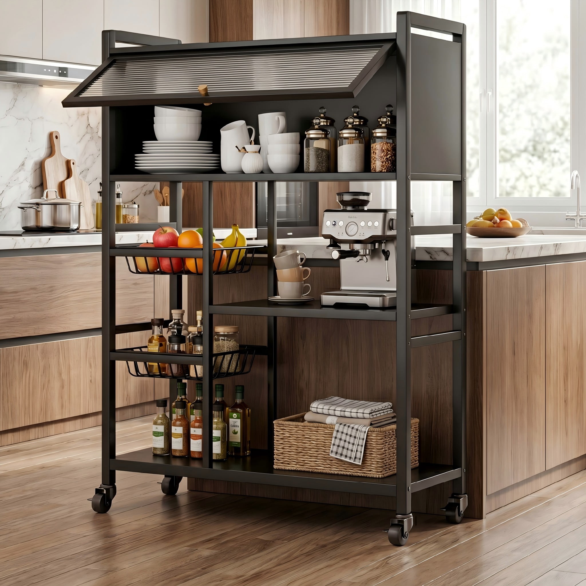 Rolling Kitchen Storage Cart with Shelves and Baskets, Mobile Pantry Organizer for Kitchen, Coffee Station and Small Spaces, Multiple Styles Available