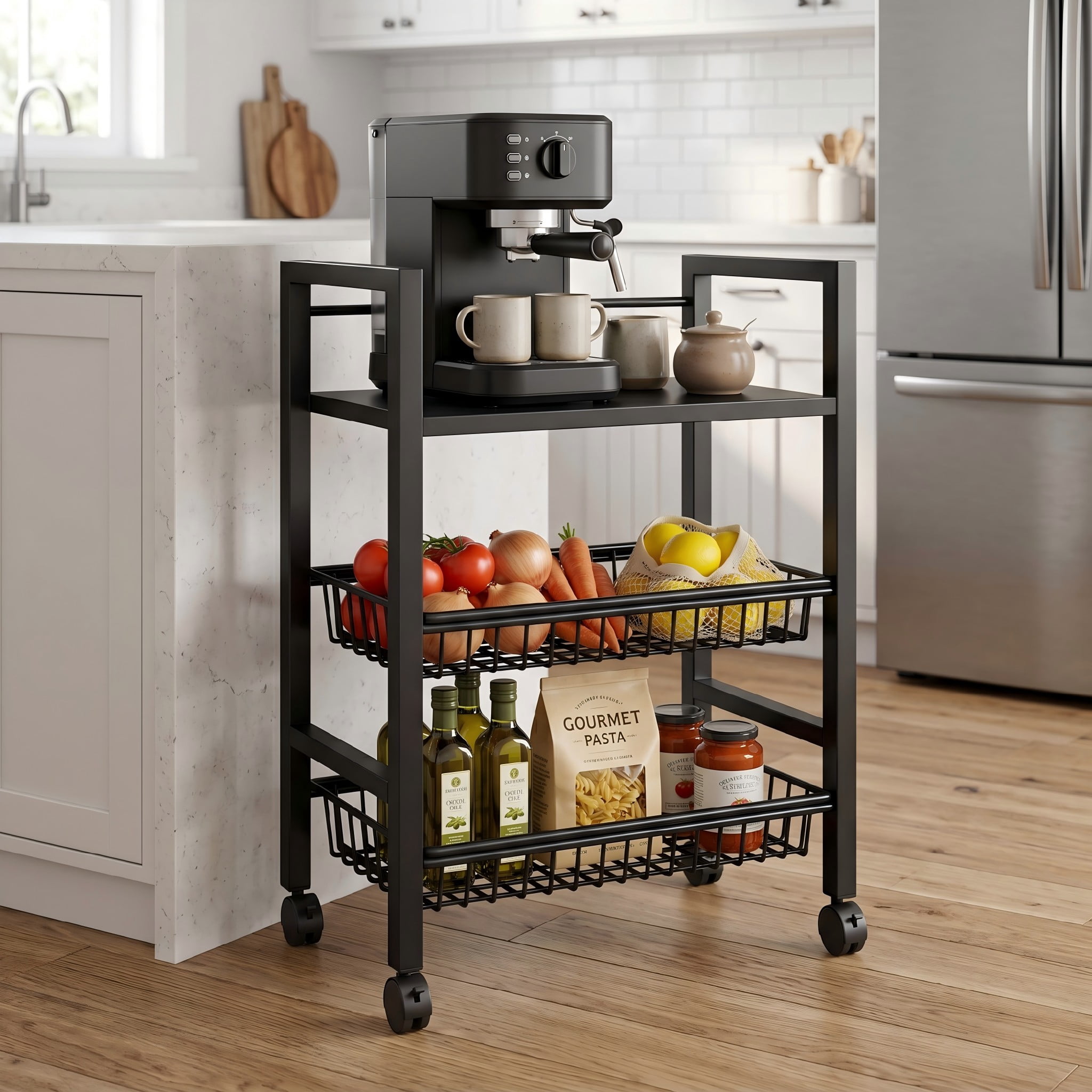 Rolling Kitchen Storage Cart with Shelves and Baskets, Mobile Pantry Organizer for Kitchen, Coffee Station and Small Spaces, Multiple Styles Available