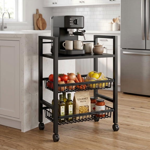 Rolling Kitchen Storage Cart with Shelves and Baskets, Mobile Pantry Organizer for Kitchen, Coffee Station and Small Spaces, Multiple Styles Available