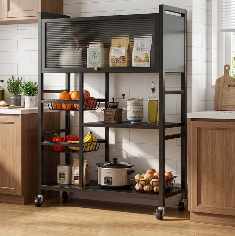 Rolling Kitchen Storage Rack with Acrylic Flip-Top Doors, Kitchen Island with Storage Baskets, Metal Utility Rack Bakers Rack Organizer